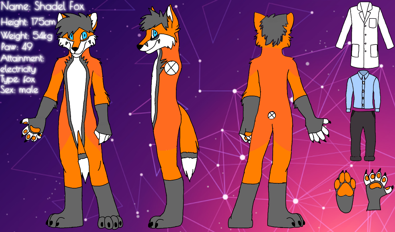 Sketch mojí fursony, jinak na pravo jsou opravdu reálné hodnoty, takže to není vymyšlený :D a nalevo tlapky a základní outfit, laboratorní plášť, modrá košile a šedé kalhoty :)